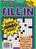 Created by Penny Press, each issue of Favorite Fill-In is packed with popular Fill-In variety puzzles ranging from easy to hard. Perfect for the Fill-In solver who wants more solving variety. Digest s ...